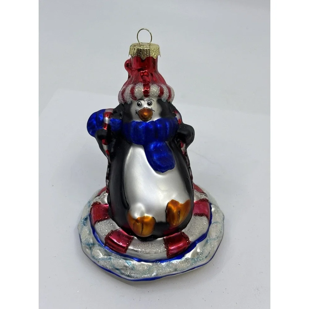 Vintage‎ Hand Blown Penguin On Ice Christmas Ornament